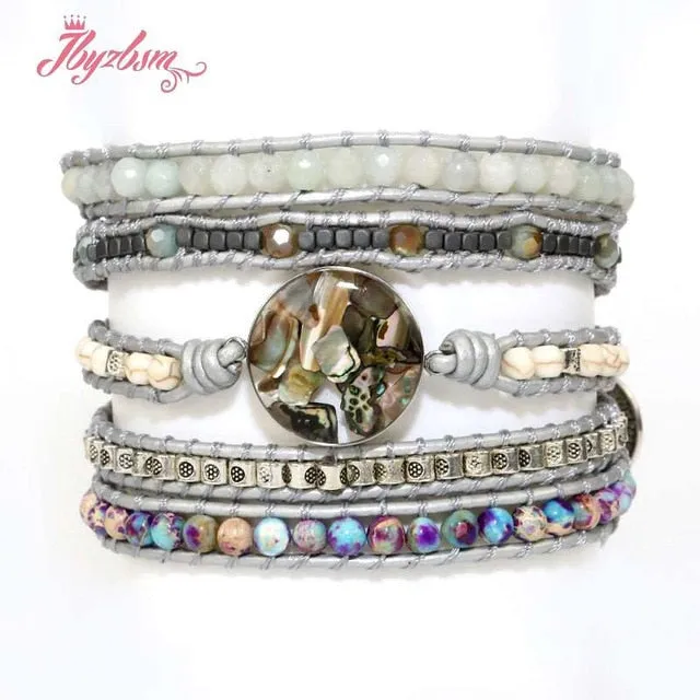 Five Strands Leather & Semi-precious Stones Charm Bracelets