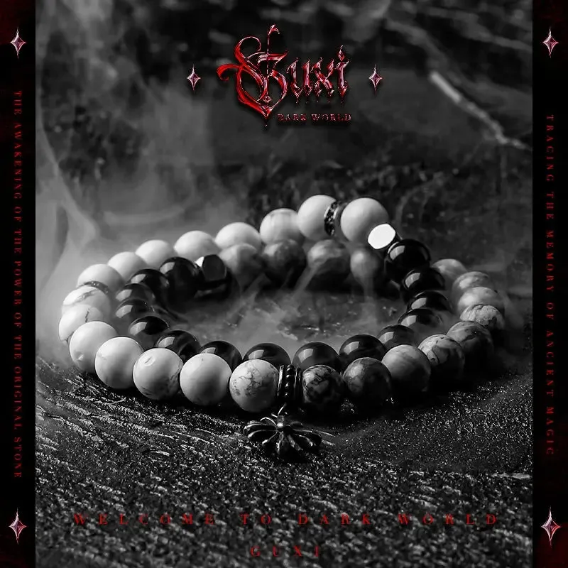 [Fog] Niche Obsidian Bracelet Men's White Crystal Bead Bracelets Volcanic Rock Double Layer Ornament All-Match