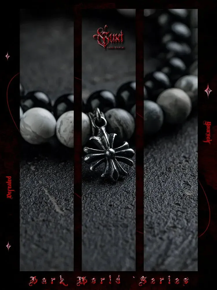 [Fog] Niche Obsidian Bracelet Men's White Crystal Bead Bracelets Volcanic Rock Double Layer Ornament All-Match