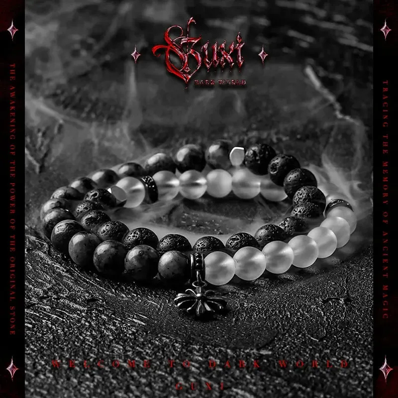 [Fog] Niche Obsidian Bracelet Men's White Crystal Bead Bracelets Volcanic Rock Double Layer Ornament All-Match
