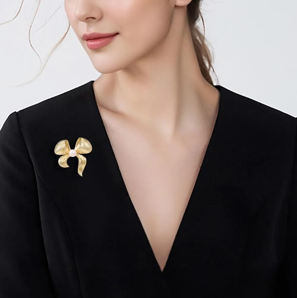 Gold Bow Brooches for Women Pearl Rhinestone Pins for Dress Hat Collar Birthday Holidays Jewelry Gifts