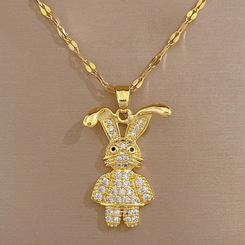 Gold Color Exquisite Zirconia Cute Curved Eared Rabbit Pendants Necklace For Women