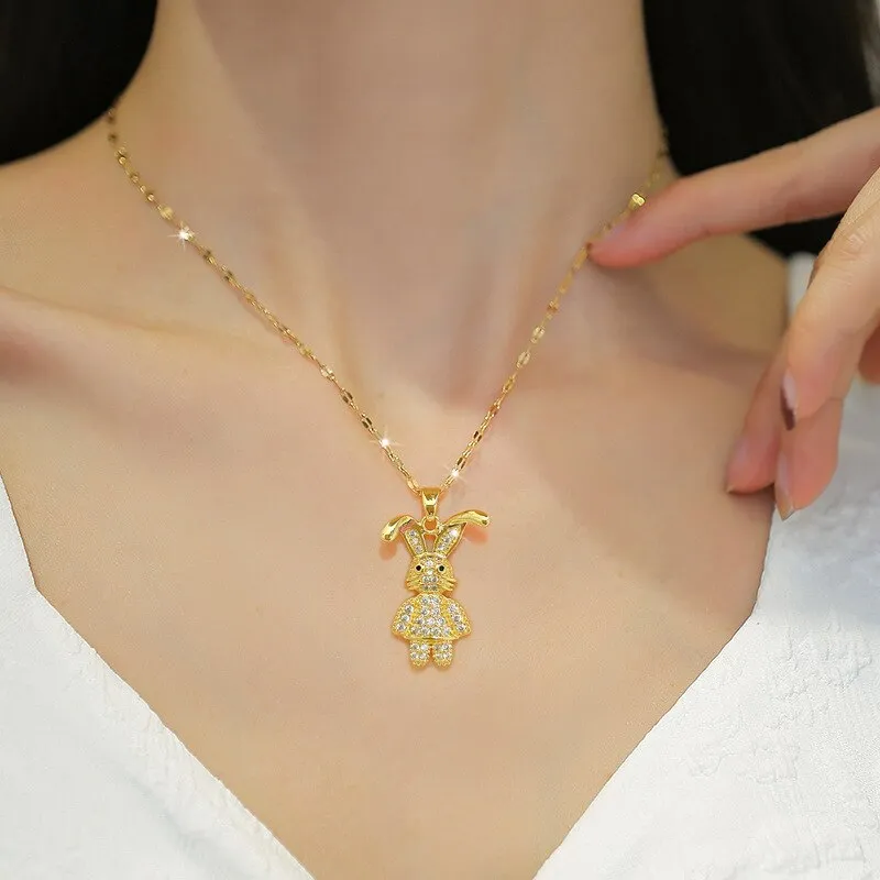 Gold Color Exquisite Zirconia Cute Curved Eared Rabbit Pendants Necklace For Women