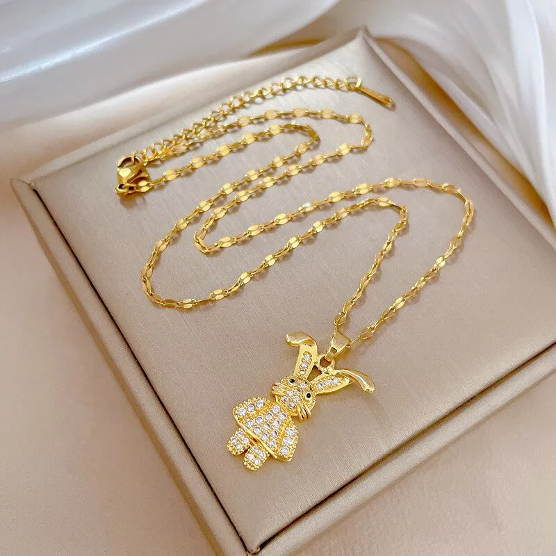 Gold Color Exquisite Zirconia Cute Curved Eared Rabbit Pendants Necklace For Women