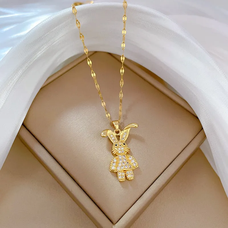 Gold Color Exquisite Zirconia Cute Curved Eared Rabbit Pendants Necklace For Women