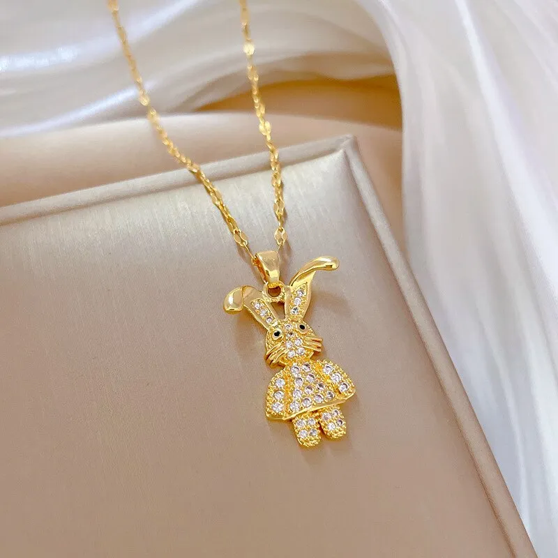 Gold Color Exquisite Zirconia Cute Curved Eared Rabbit Pendants Necklace For Women