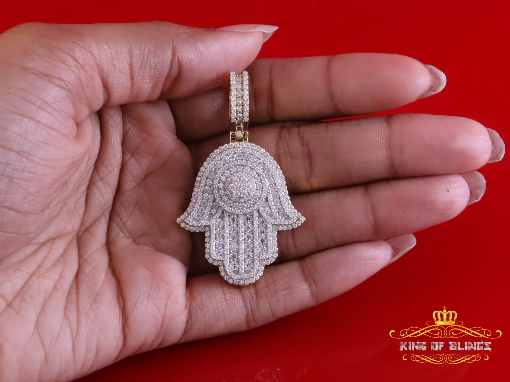 King Of Bling's Silver Yellow 2.50ct VVS D Moissanite Sterling Charm Hamsa Pendant Men's & Women