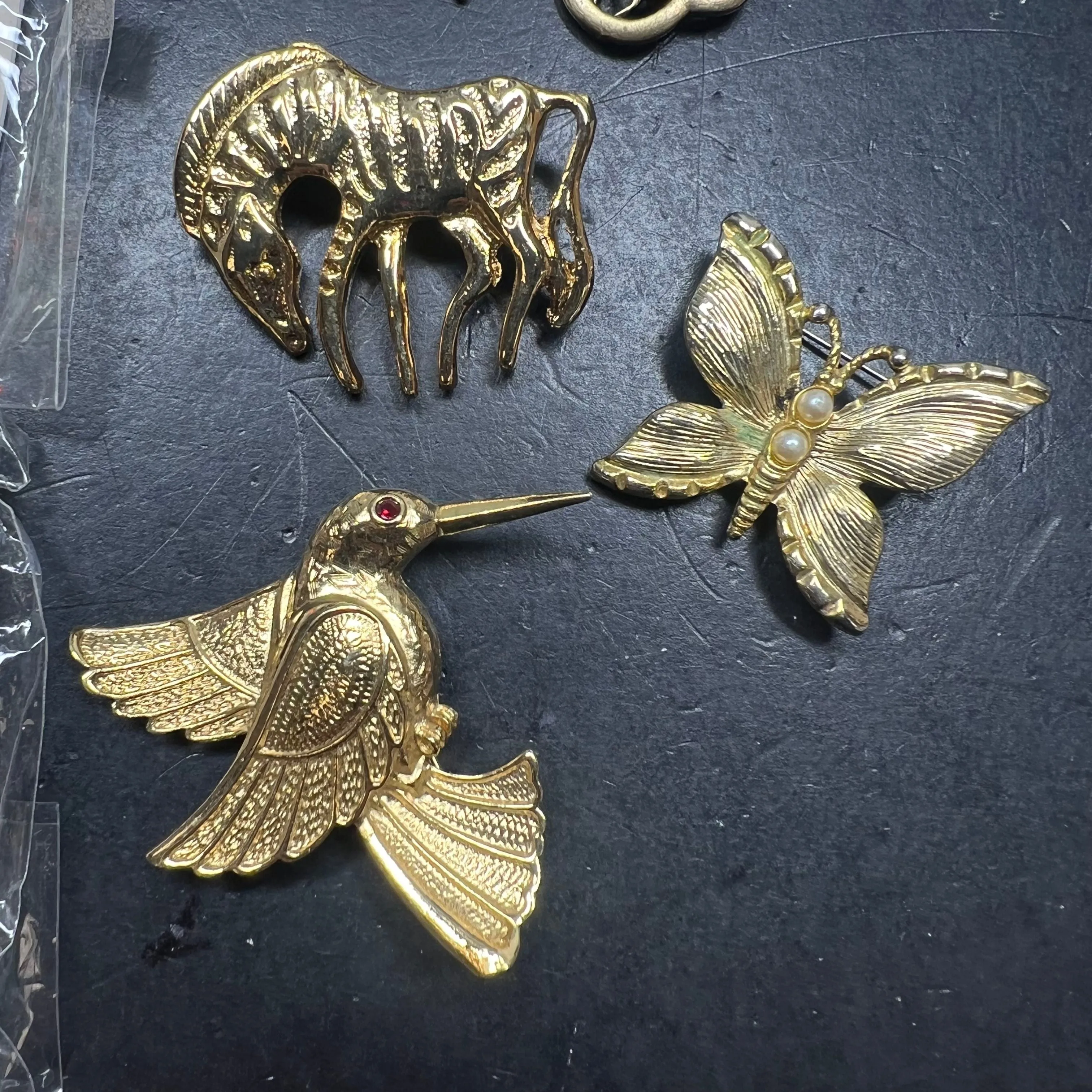 Lot of 10 Assorted Living Creatures Insects Gold Tone Bling Brooches