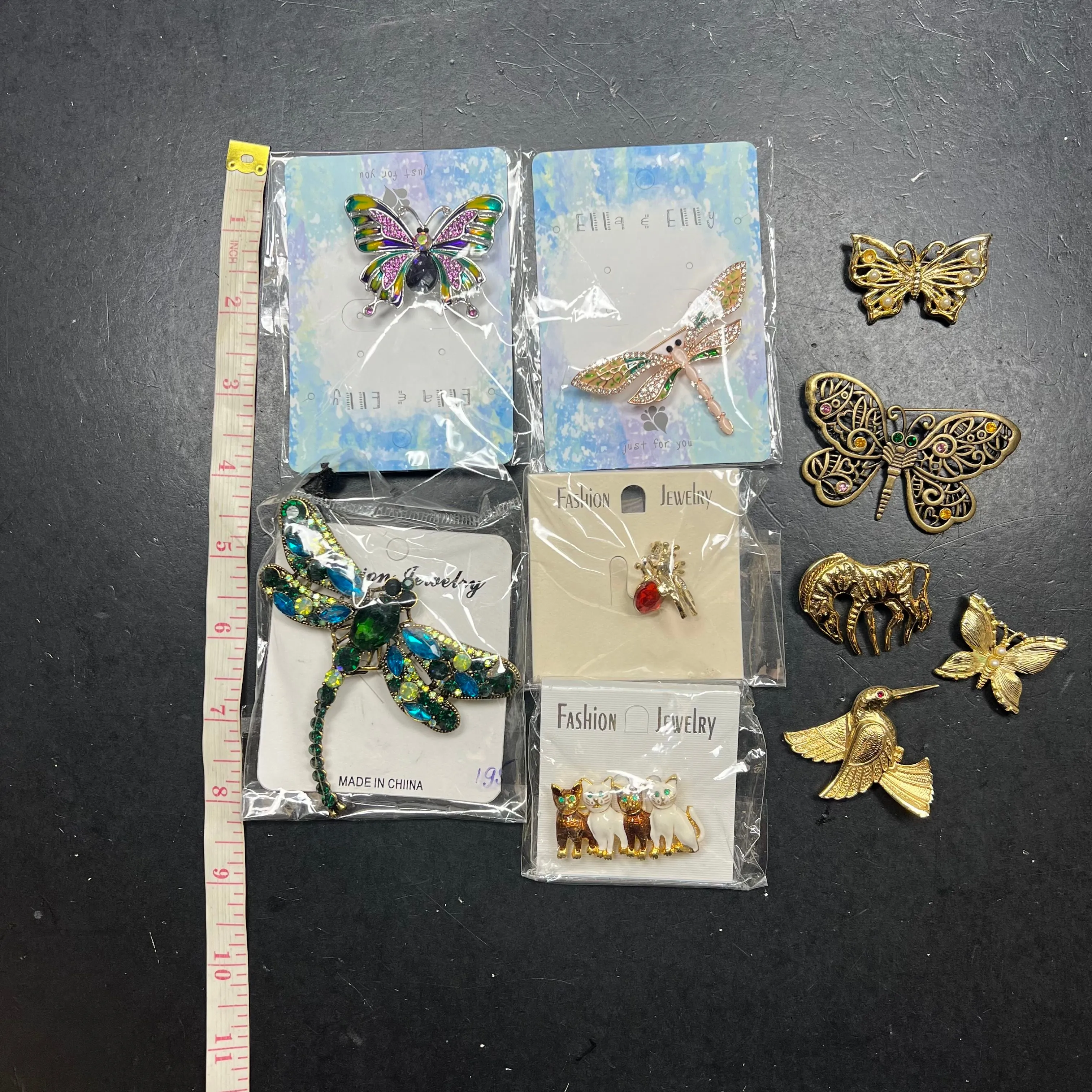Lot of 10 Assorted Living Creatures Insects Gold Tone Bling Brooches