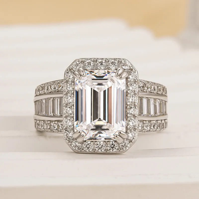 Louily Luxurious Emerald Cut Wide Engagement Ring In Sterling Silver