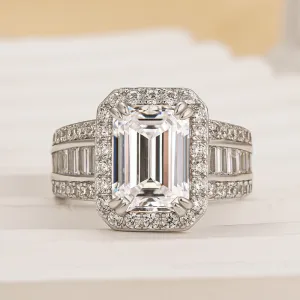 Louily Luxurious Emerald Cut Wide Engagement Ring In Sterling Silver