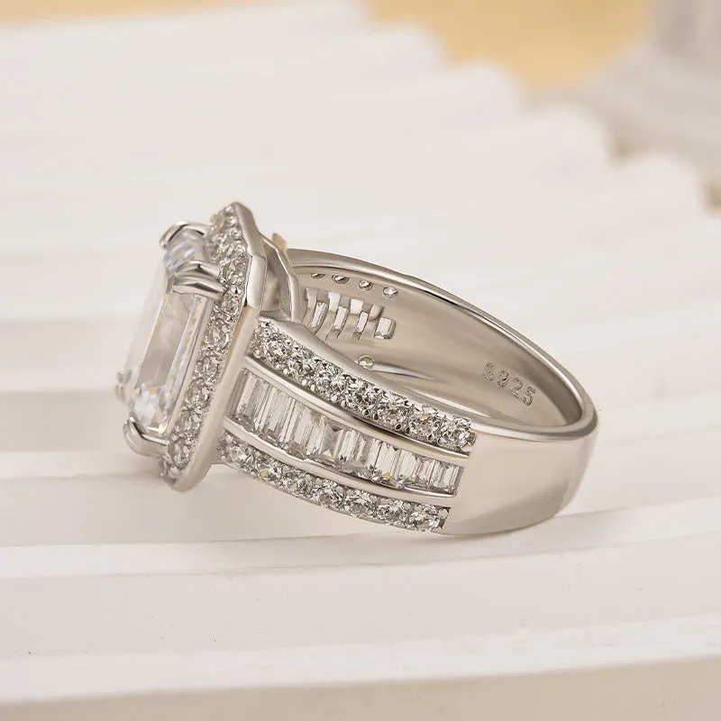 Louily Luxurious Emerald Cut Wide Engagement Ring In Sterling Silver