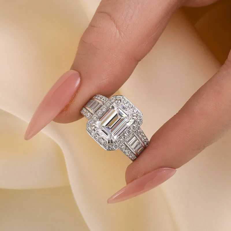 Louily Luxurious Emerald Cut Wide Engagement Ring In Sterling Silver