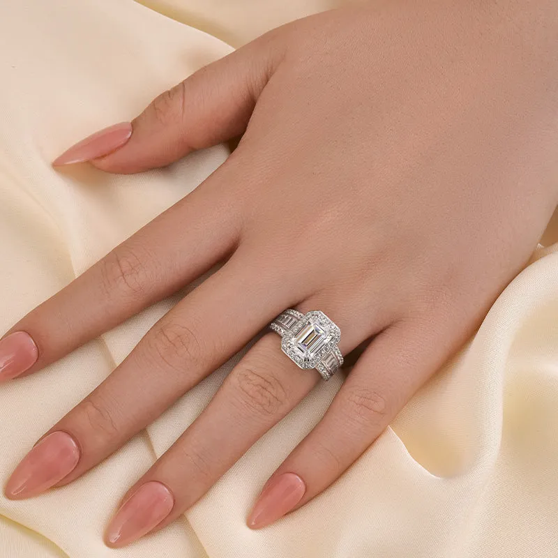 Louily Luxurious Emerald Cut Wide Engagement Ring In Sterling Silver