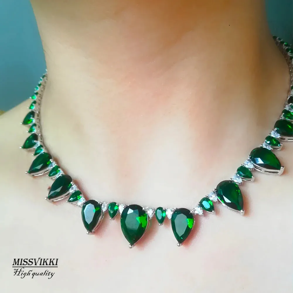 Luxury Exquisite Trendy Shiny Green Clear Necklace Bracelet Jewelry for Women Girl