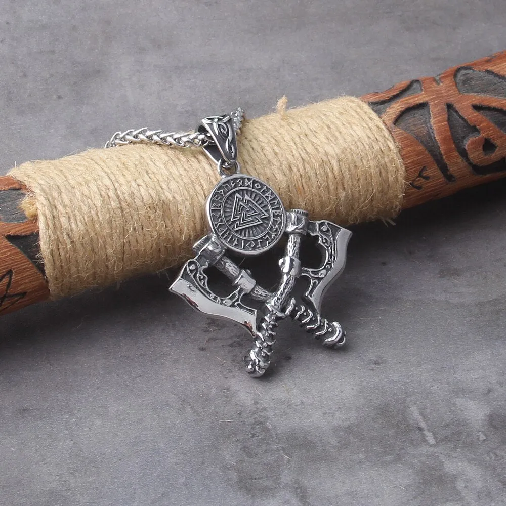 Men's Stainless Steel Exquisite Double Axe Pendant Necklace Nordic Rune Amulet Gift