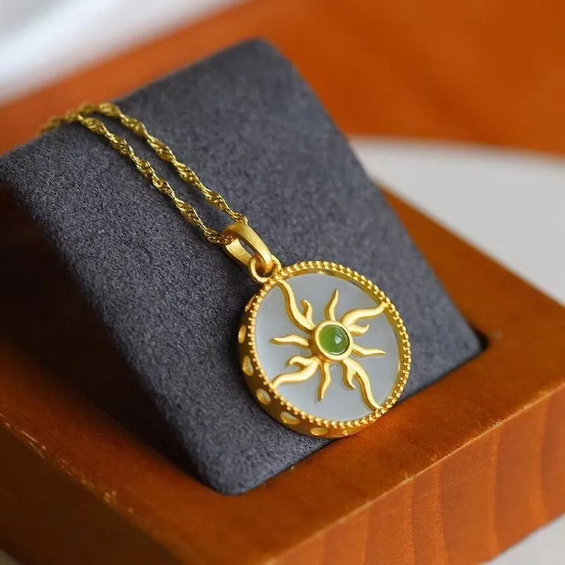 Natural Hetian White Jade Round Sun Flower Pendant