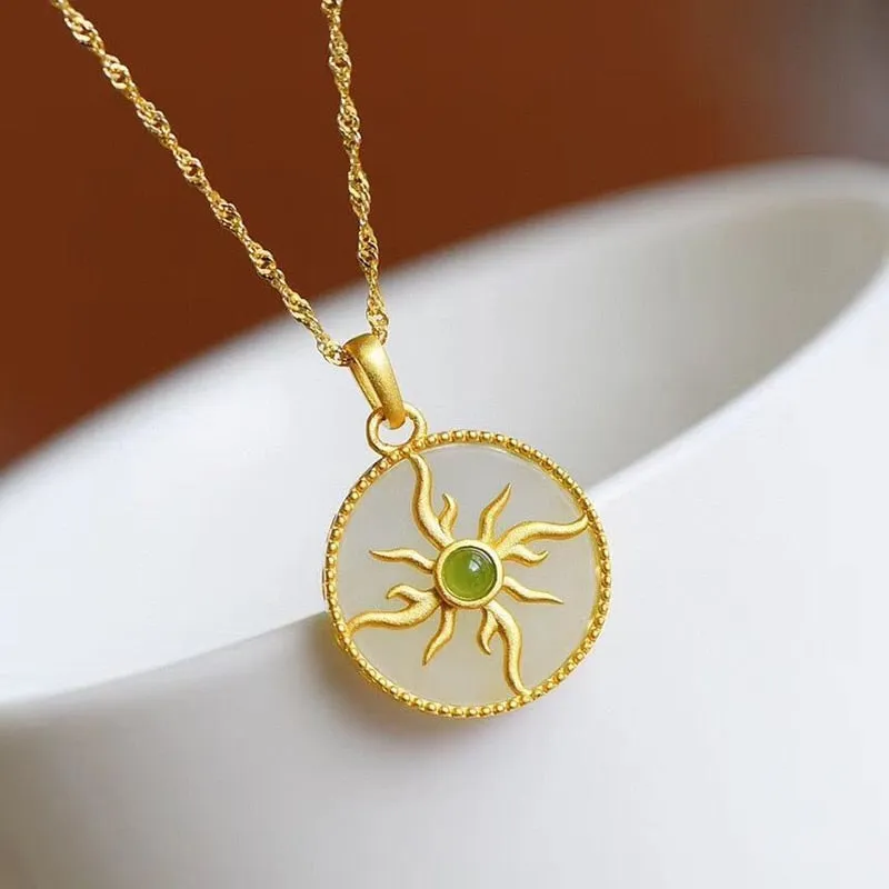 Natural Hetian White Jade Round Sun Flower Pendant