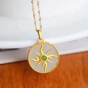 Natural Hetian White Jade Round Sun Flower Pendant