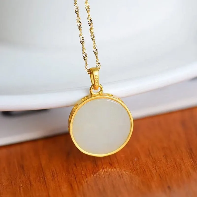 Natural Hetian White Jade Round Sun Flower Pendant