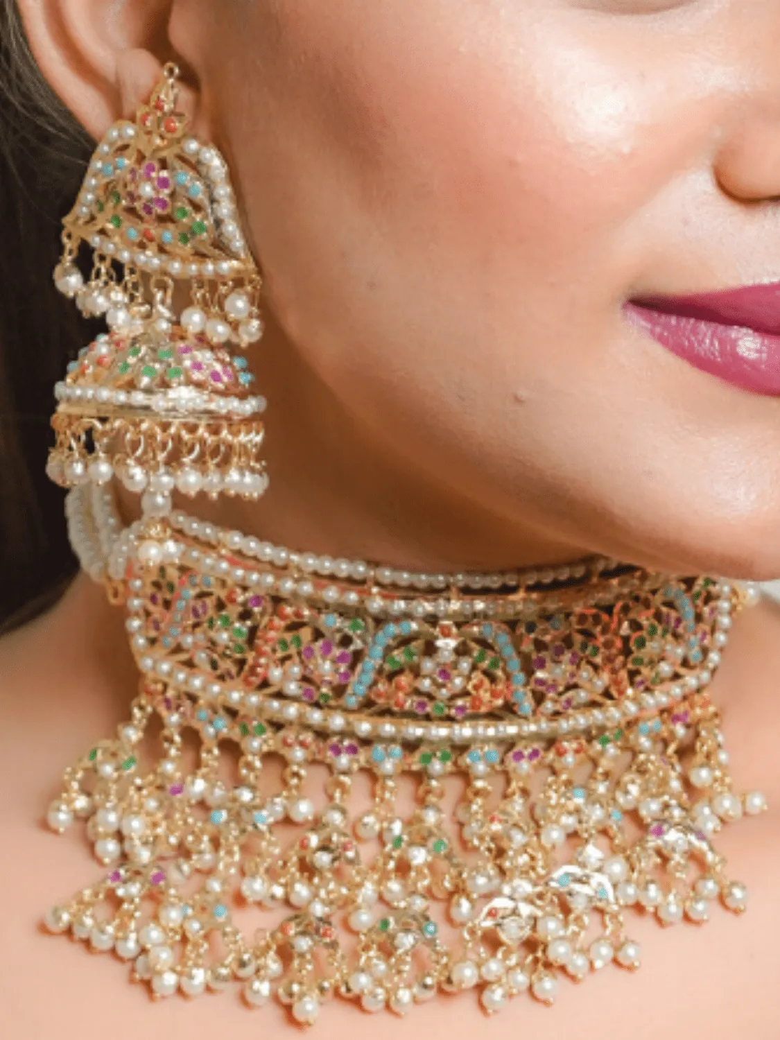 Navratan Jadau Choker with Earrings (Necklace and Earrings Set)