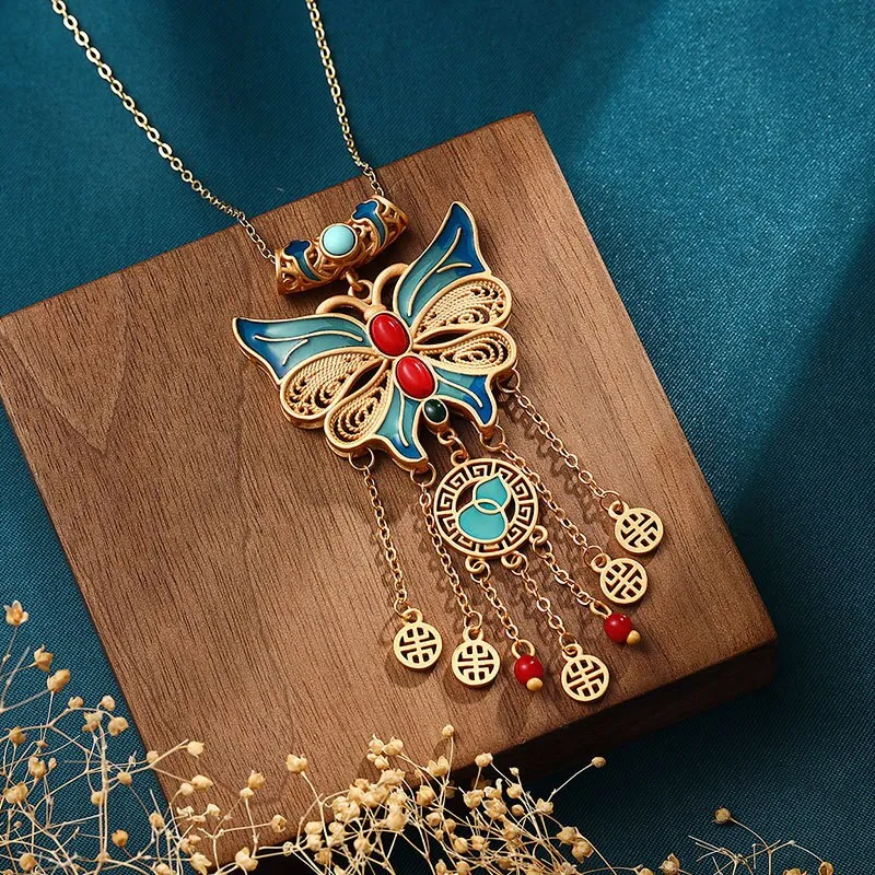 New in exquisite enamel craft bow tassel vintage necklace pendant