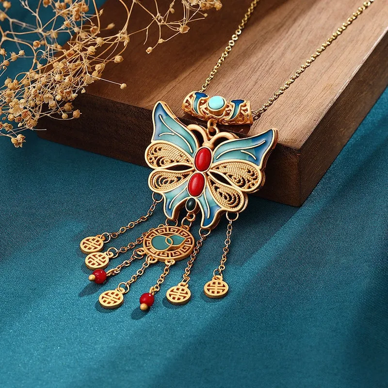 New in exquisite enamel craft bow tassel vintage necklace pendant