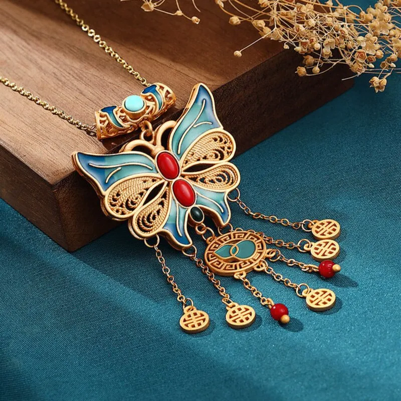 New in exquisite enamel craft bow tassel vintage necklace pendant