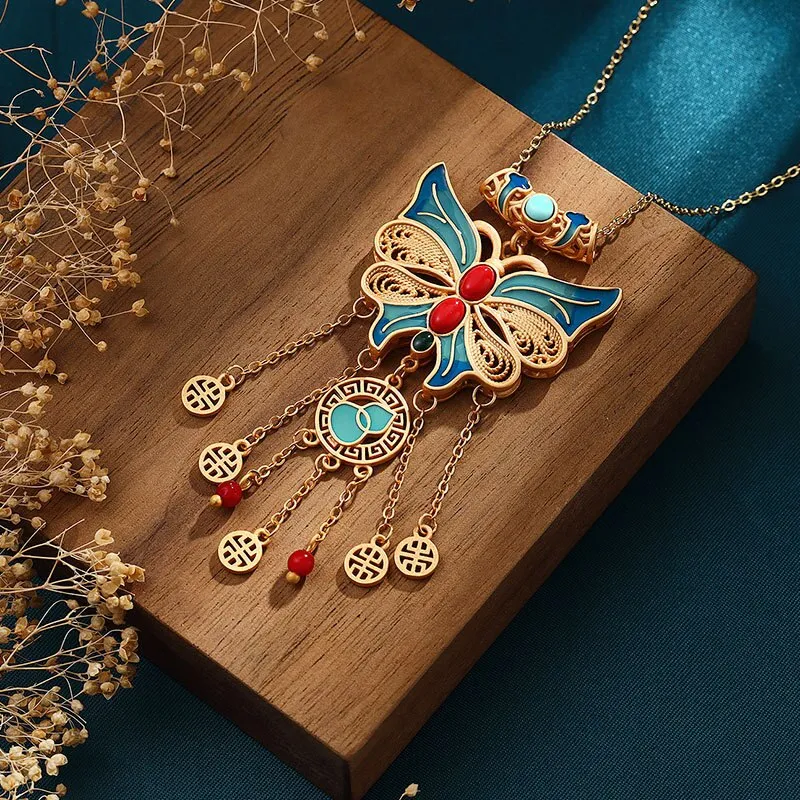 New in exquisite enamel craft bow tassel vintage necklace pendant