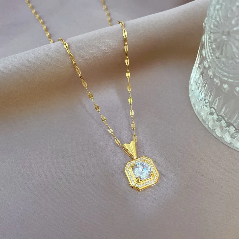 New Shiny Zirconia Square Necklace Gold Color Exquisite Clavicle Chain Necklace