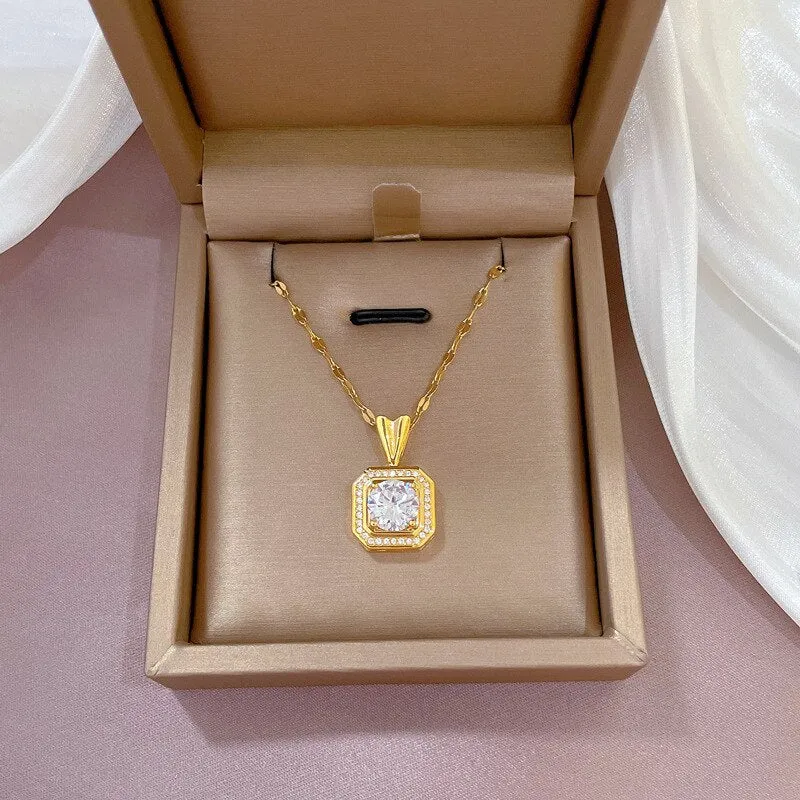 New Shiny Zirconia Square Necklace Gold Color Exquisite Clavicle Chain Necklace