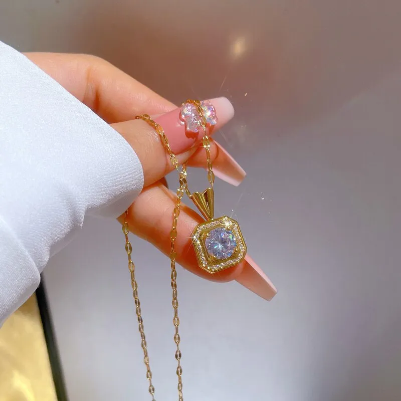 New Shiny Zirconia Square Necklace Gold Color Exquisite Clavicle Chain Necklace