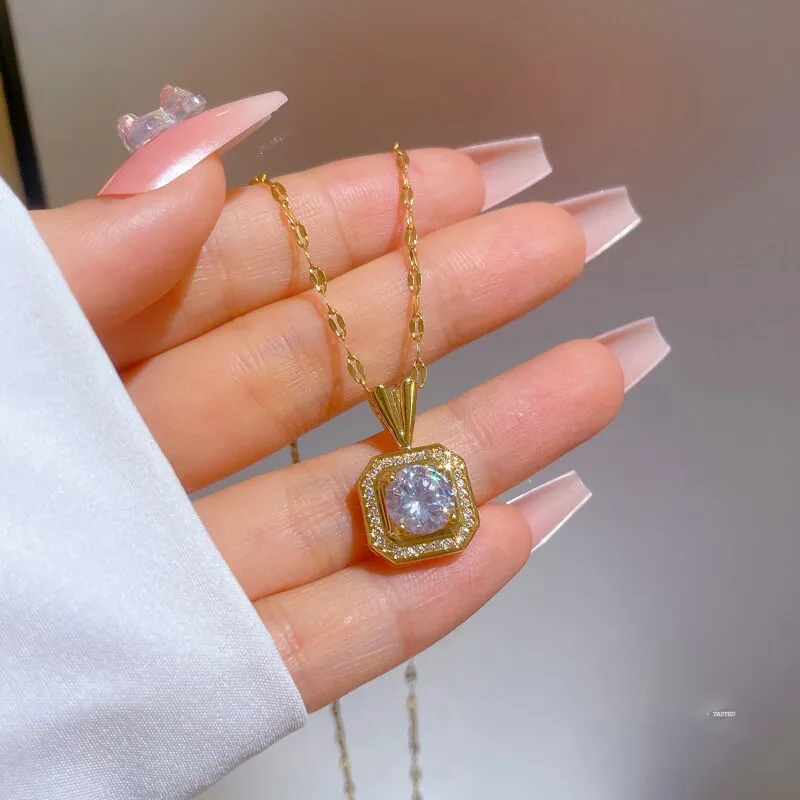 New Shiny Zirconia Square Necklace Gold Color Exquisite Clavicle Chain Necklace