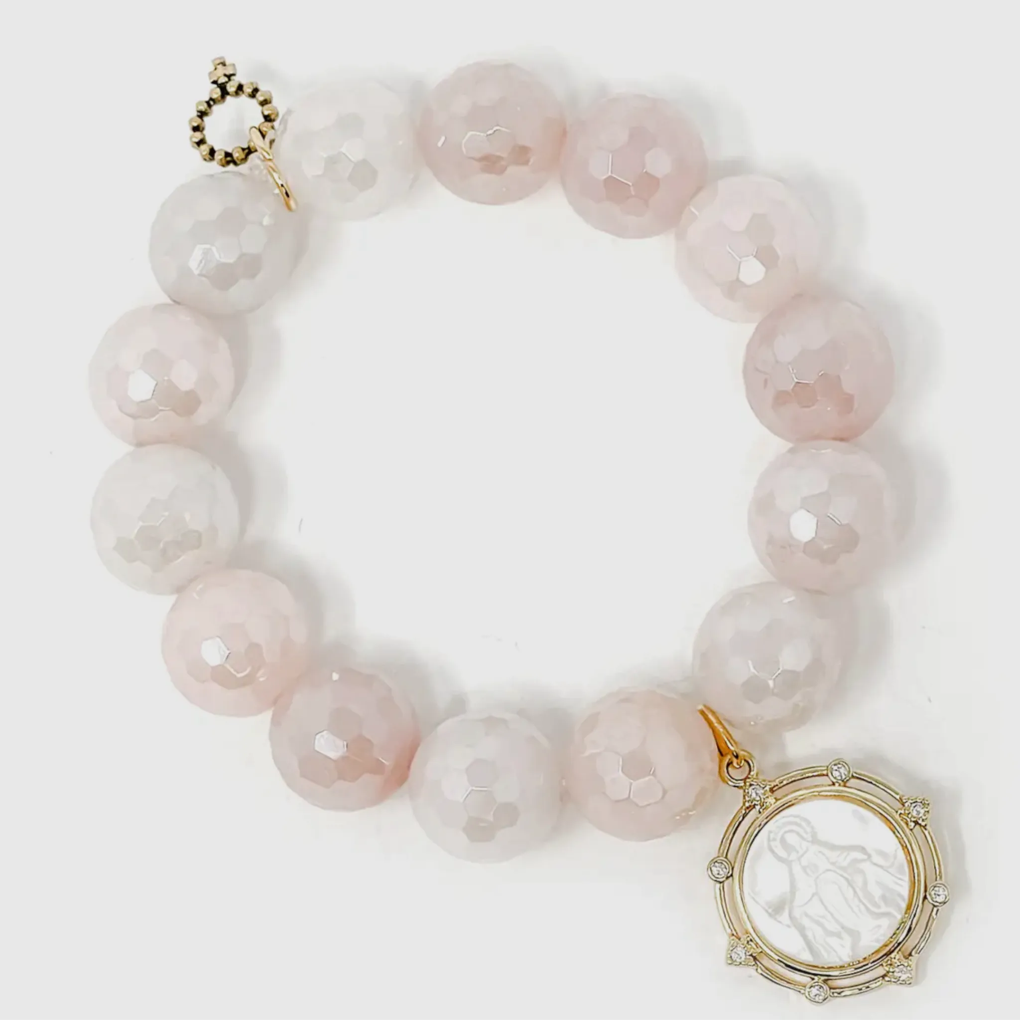 Powerbeads By Jen Faceted Iridescent Rose Quartz with Mother of Pearl Blessed Mother