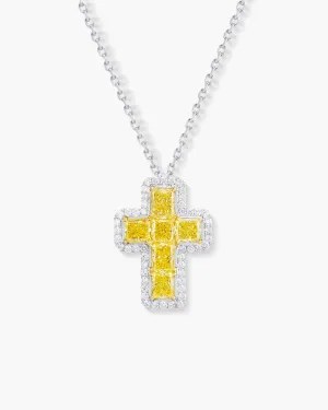Radiant Cut Yellow and White Diamond Cross Pendant Necklace, 1.88 carats