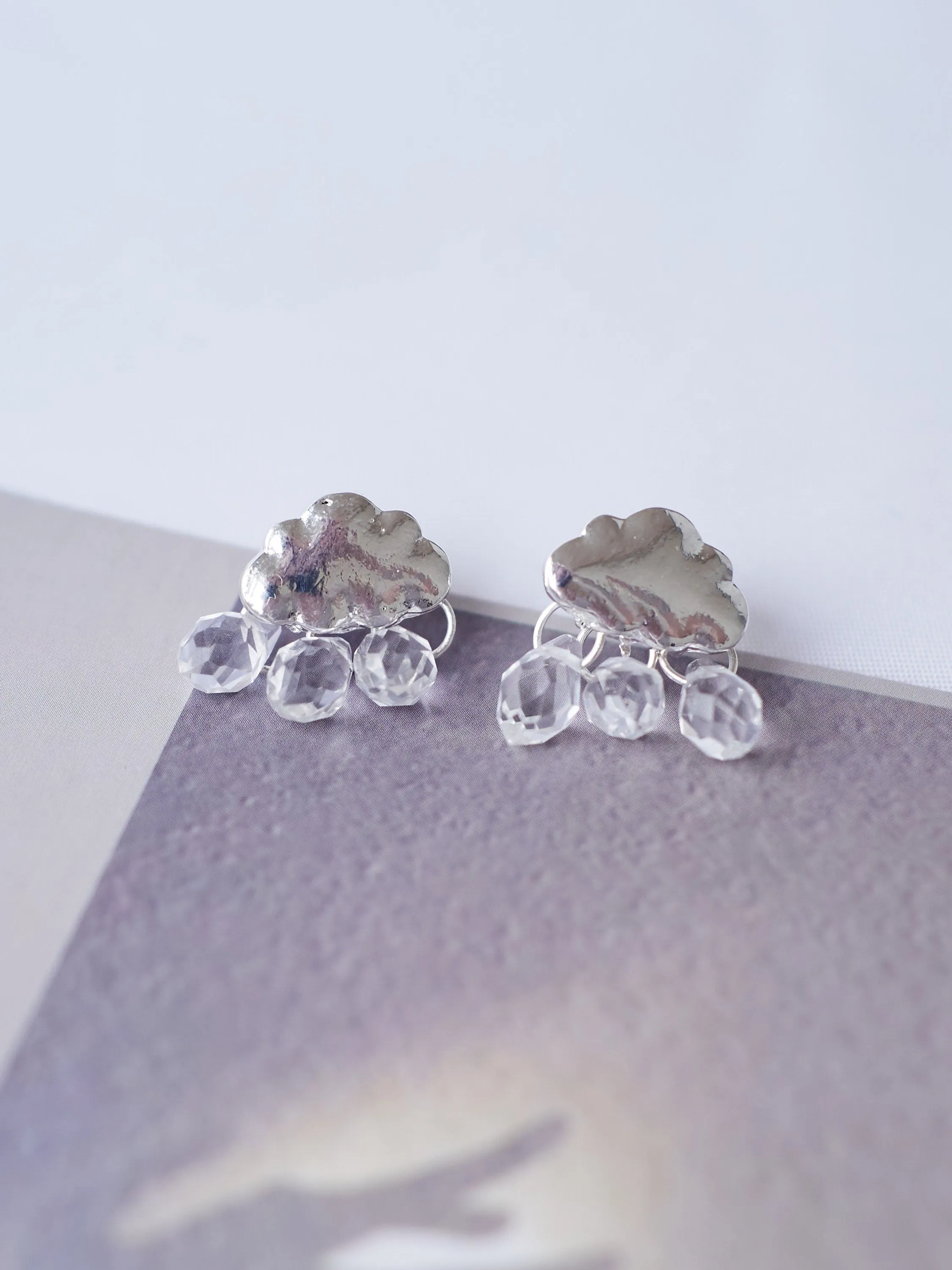 Silver Cloud Crystal Rain Drops Stud Earrings Cute Nature inspired Weather