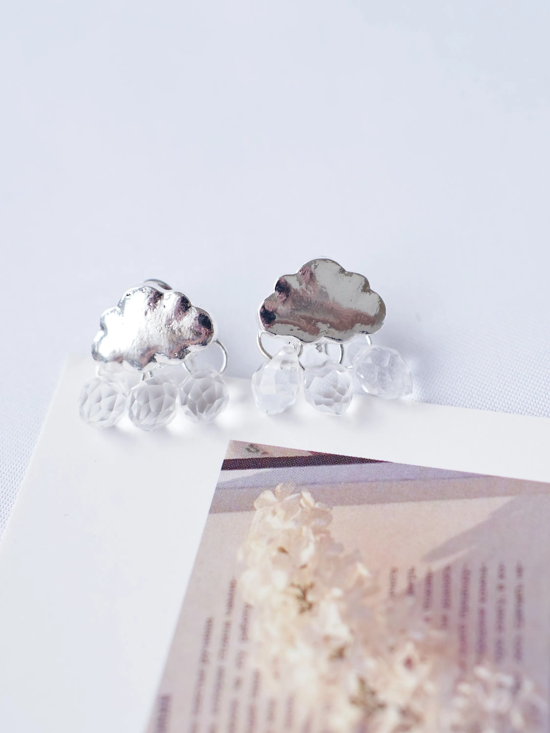 Silver Cloud Crystal Rain Drops Stud Earrings Cute Nature inspired Weather