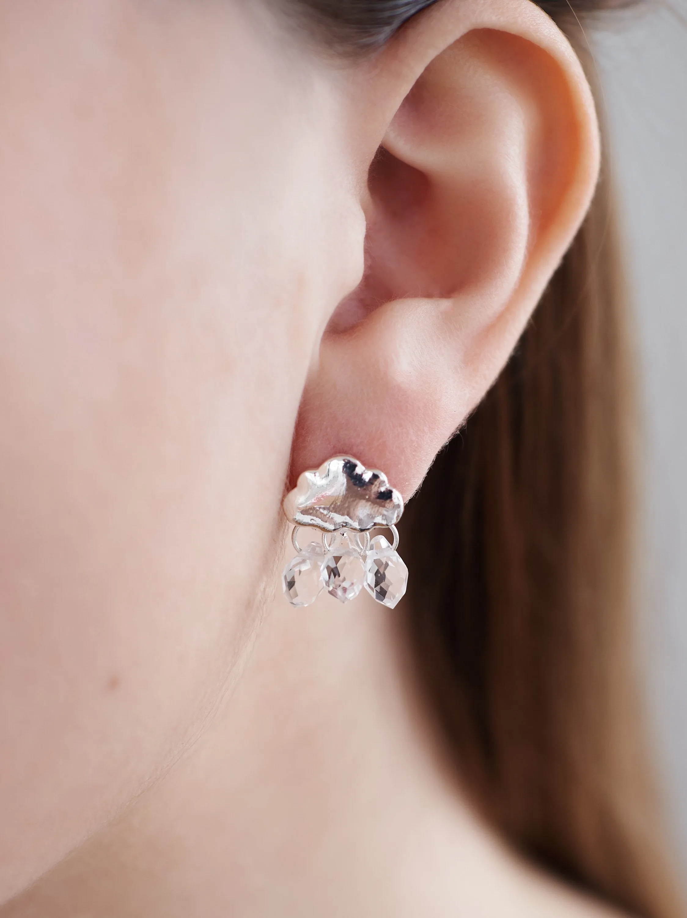Silver Cloud Crystal Rain Drops Stud Earrings Cute Nature inspired Weather