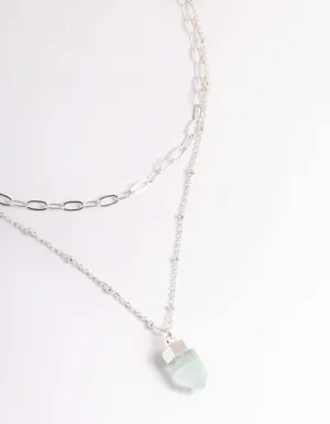 Silver Green Fluorite Shard Oval Layered Necklace