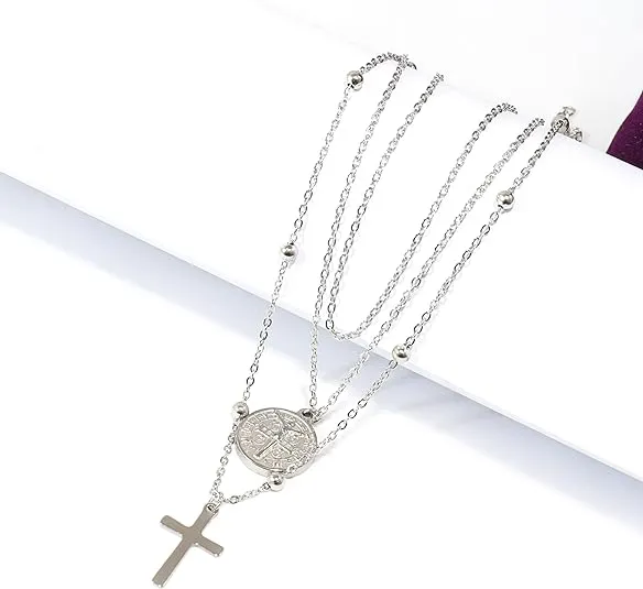 Silver Plated Layered Cross Necklaces 18" with St Benedict Medal Protection Chain