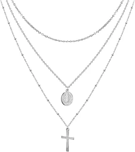 Silver Plated Layered Cross Necklaces 18" with St Benedict Medal Protection Chain
