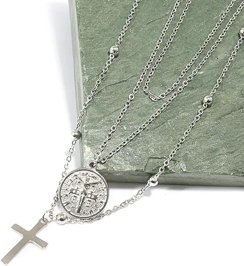 Silver Plated Layered Cross Necklaces 18" with St Benedict Medal Protection Chain