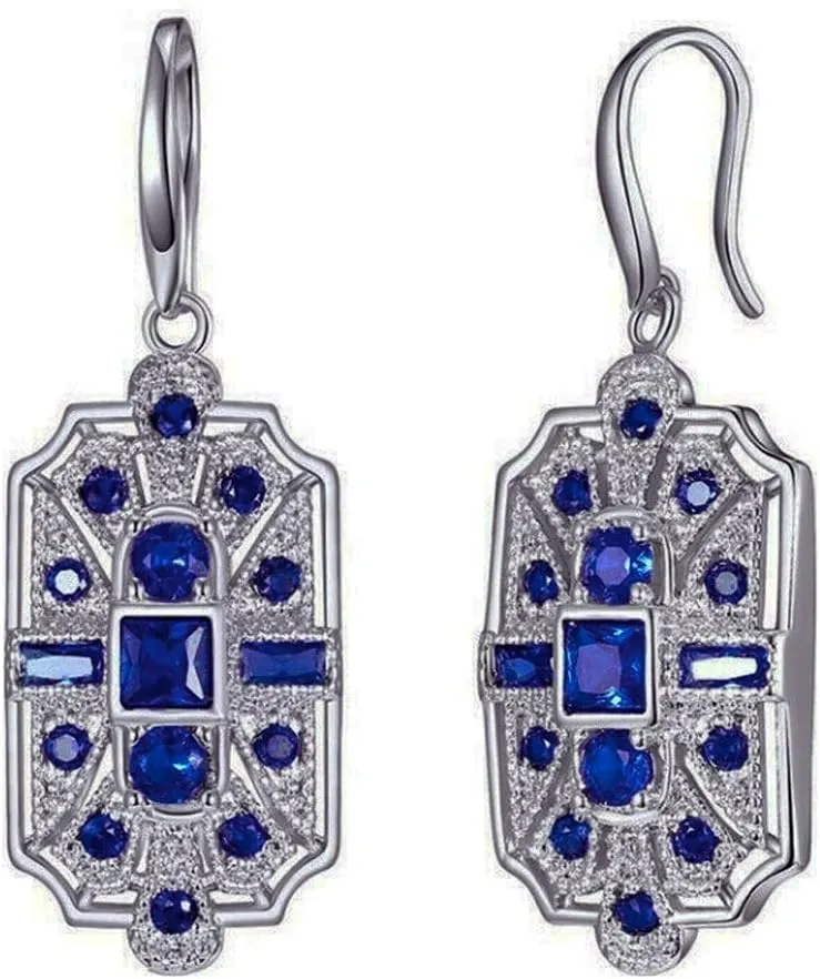 Silver Tone Geometric Classic Art Deco Flapper Antique Retro Style Royal Sapphire Blue Rhinestone Wedding Bridal Prom Formal Gatsby Party Dangle Earrings
