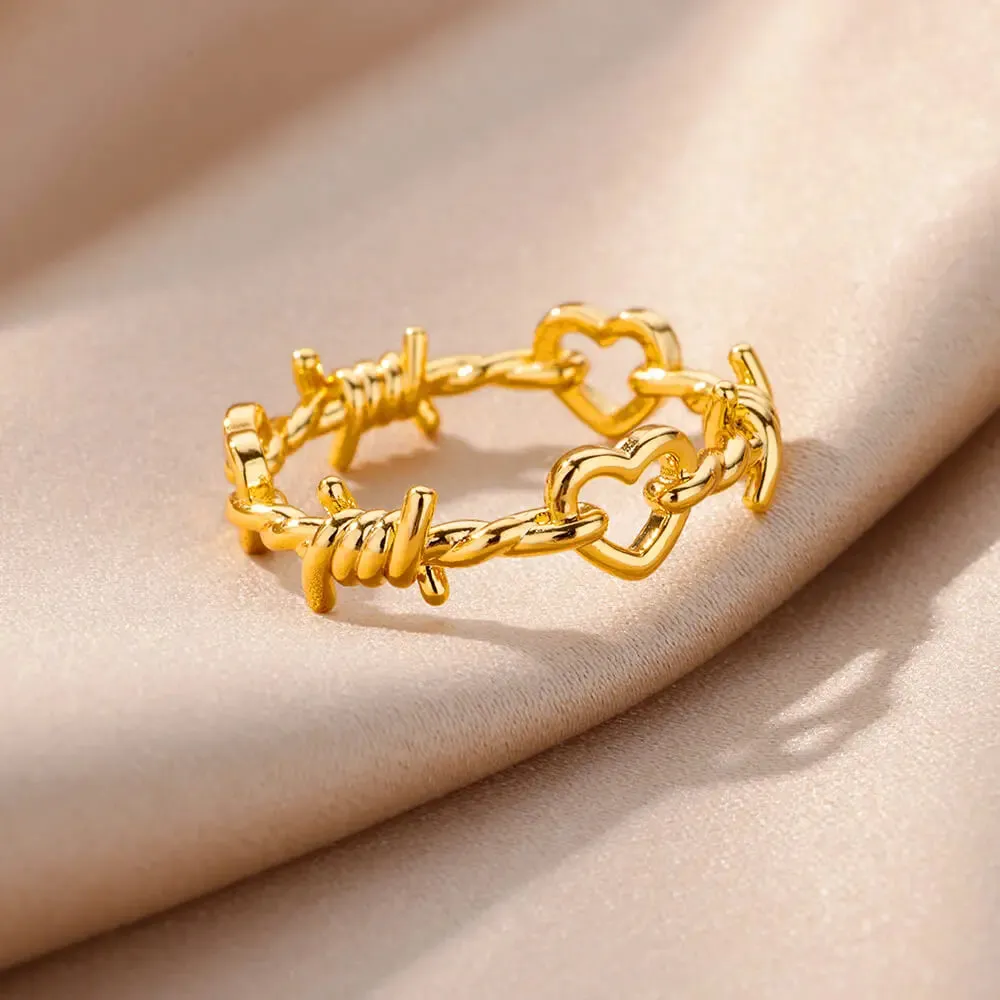 Stainless Steel Heart Rings for Women Vintage Gold Twist Barbed Wire Aesthetic Jewelry Gifts