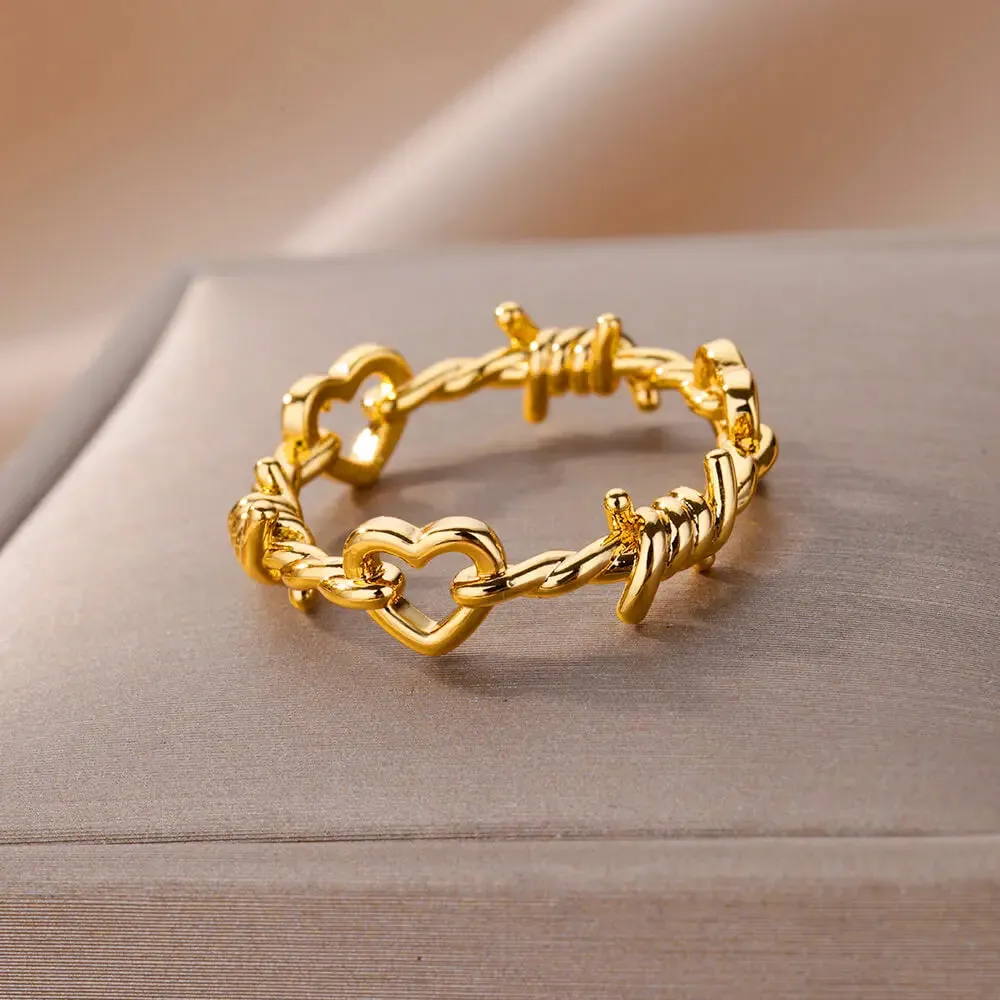 Stainless Steel Heart Rings for Women Vintage Gold Twist Barbed Wire Aesthetic Jewelry Gifts