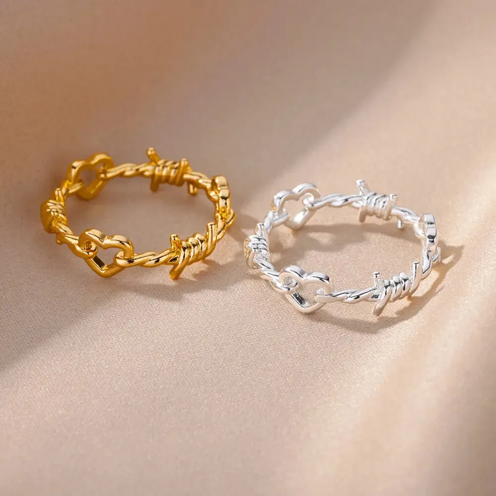 Stainless Steel Heart Rings for Women Vintage Gold Twist Barbed Wire Aesthetic Jewelry Gifts
