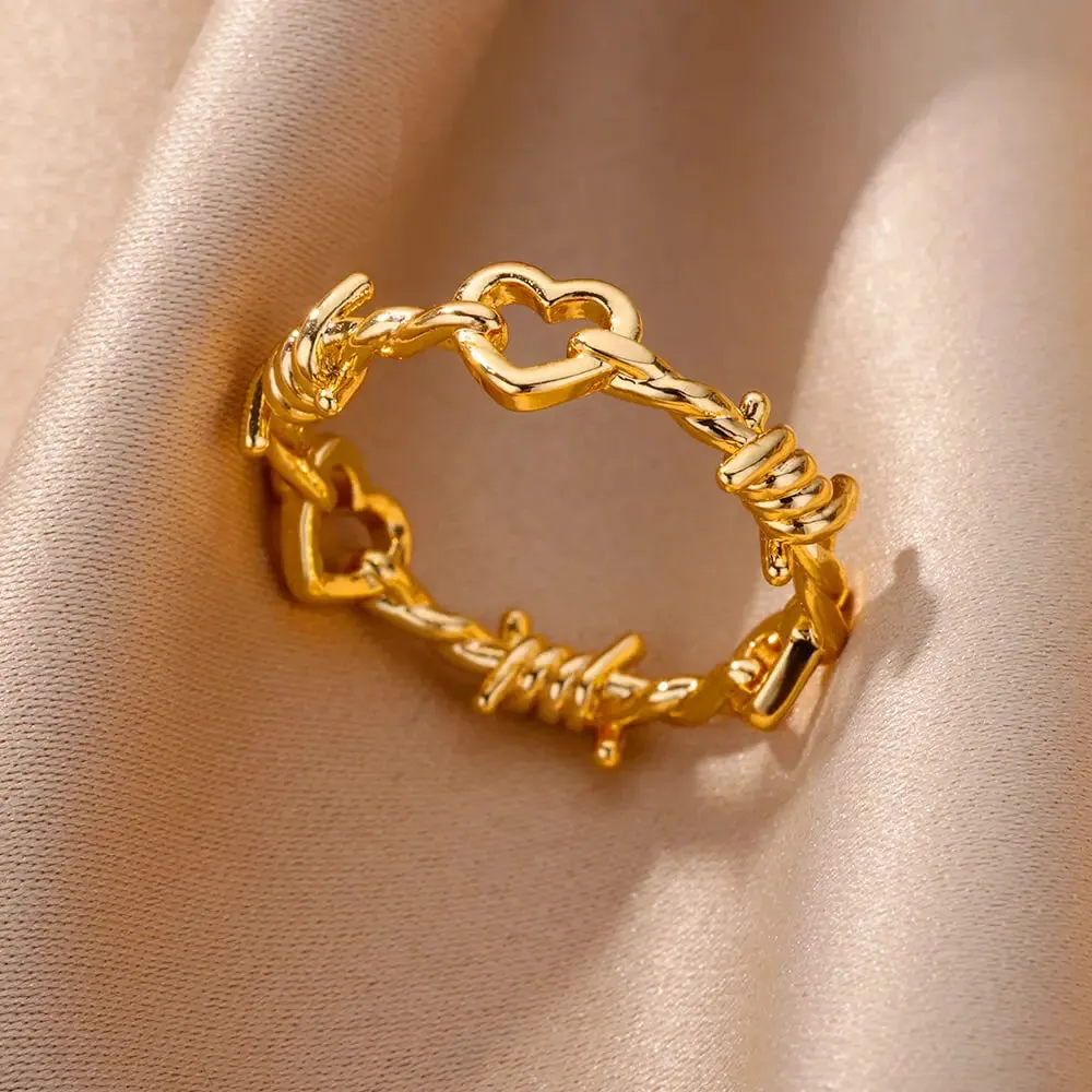 Stainless Steel Heart Rings for Women Vintage Gold Twist Barbed Wire Aesthetic Jewelry Gifts
