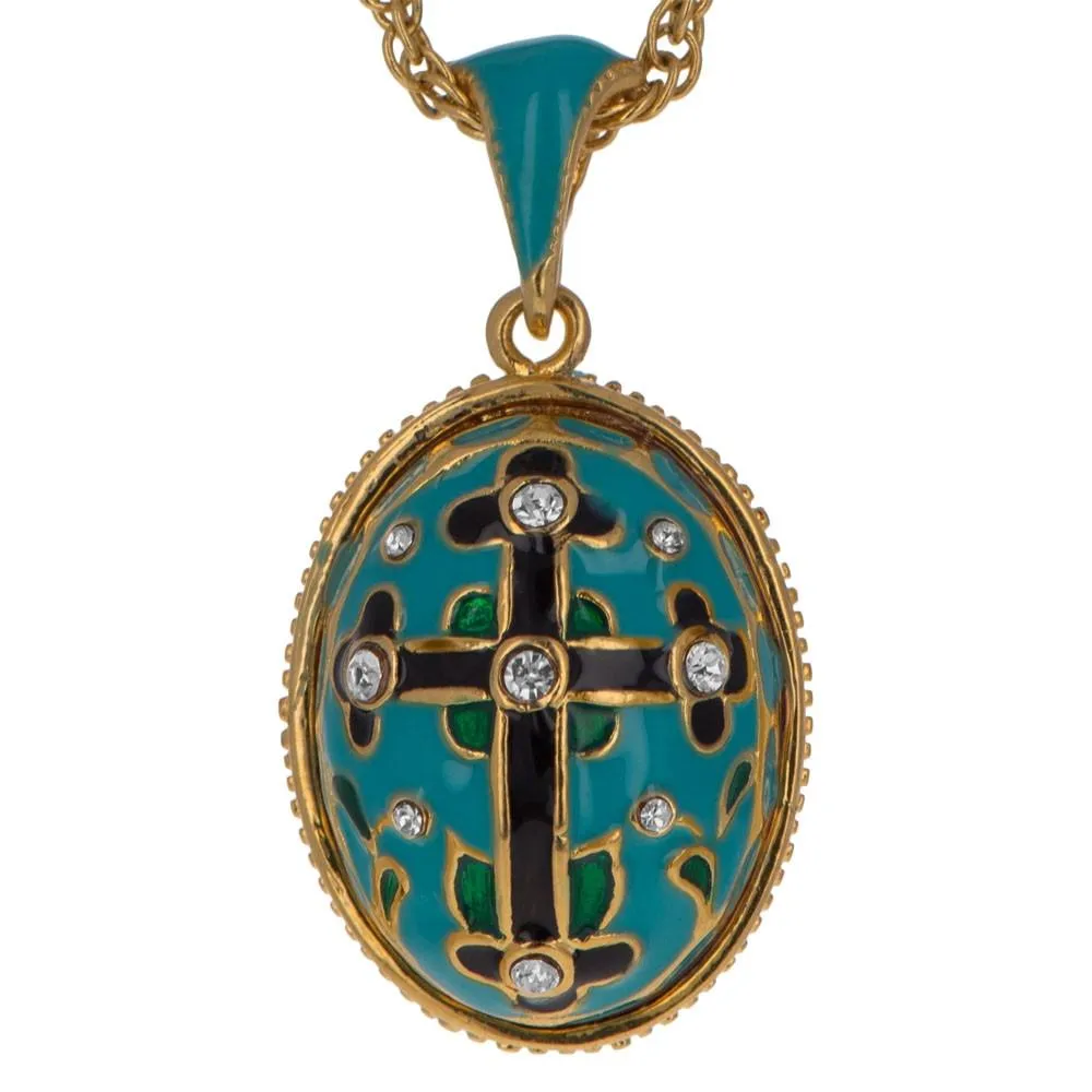 Turquoise Enamel Black Cross Royal Egg Pendant Necklace