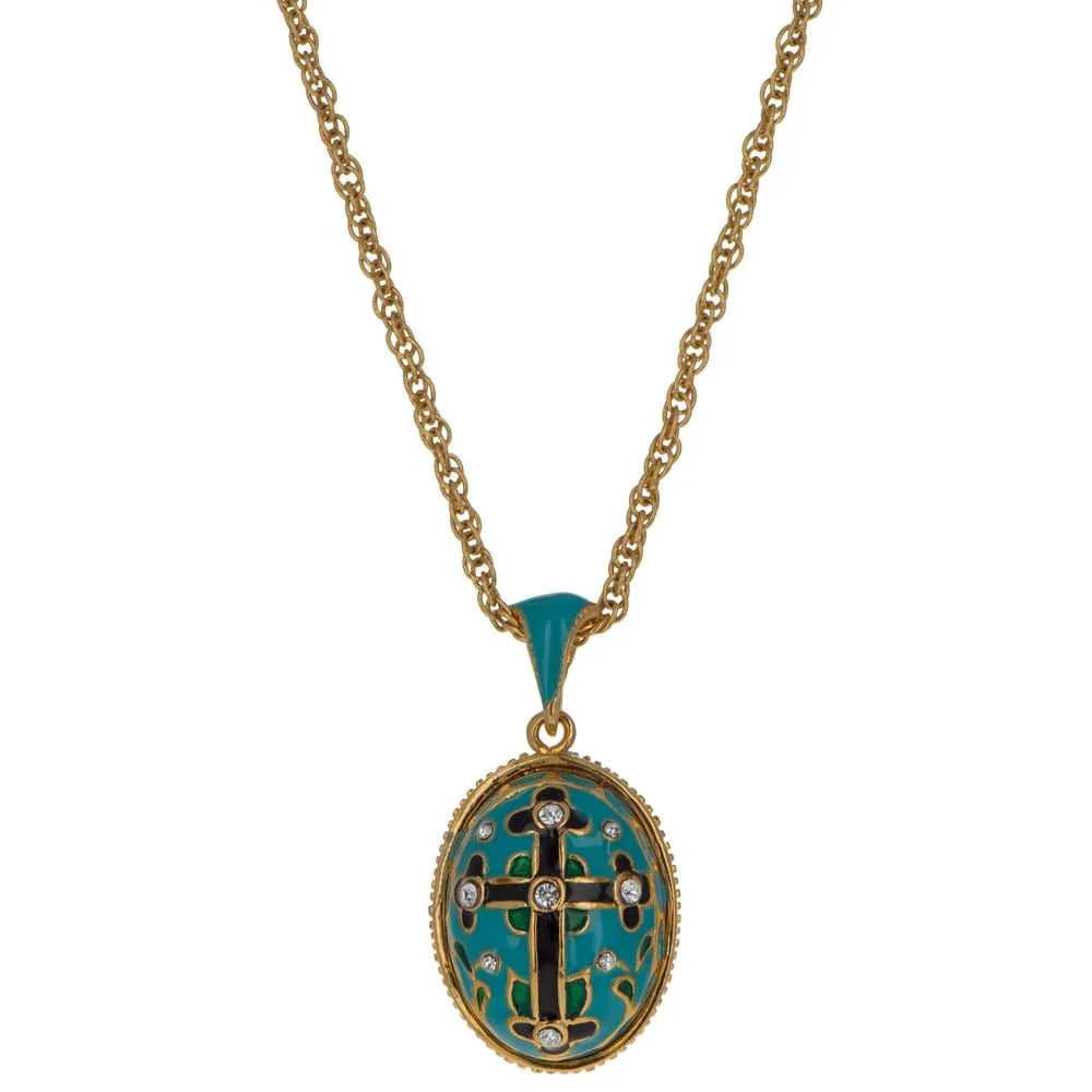 Turquoise Enamel Black Cross Royal Egg Pendant Necklace