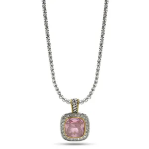 TWO TONE SQUARE ROSE CRYSTAL AND RHINESTONES ENGRAVED PENDANT BOX CHAIN NECKLACE #93099EH-ROSE(FF14)
